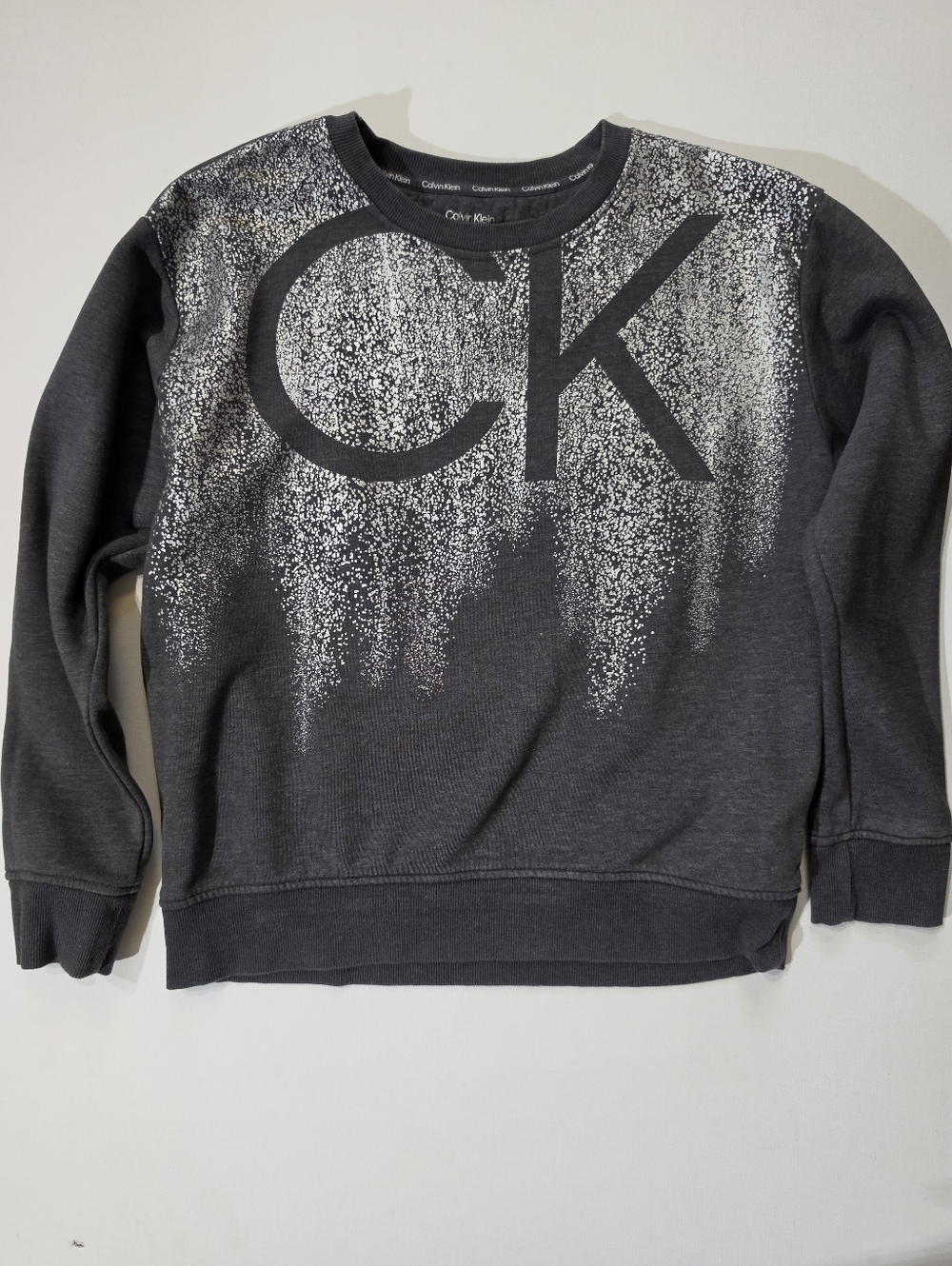 Calvin Klein Sweater Womens Size Medium Grey Logo Abstract Silver Foil Metallic